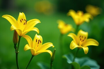 Obraz premium Yellow lily flowers sway gently in garden breeze, gentle, silky, green