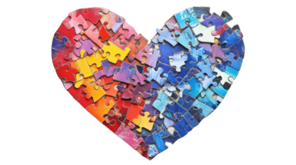 Colorful puzzle pieces forming a heart shape on transparent background