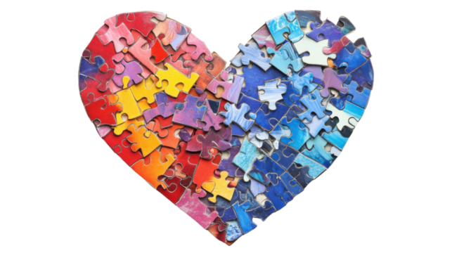 Colorful puzzle pieces forming a heart shape on transparent background