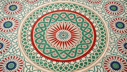 Fototapeta premium Circular Islamic tile design in green and red tones with intricate floral and geometric patterns for cultural art