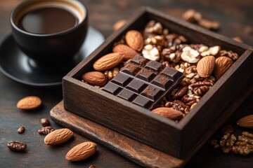 Delicious Coffee and Nuts Nestled in Dark Chocolate in a Rustic Wooden Box on a Table