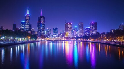 Vibrant City Night Skyline Reflected in Water