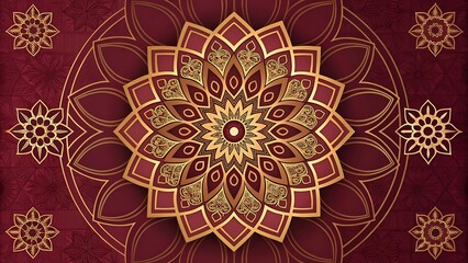 Symmetrical Islamic floral tile mosaic in red and beige tones with intricate patterns and traditional designs