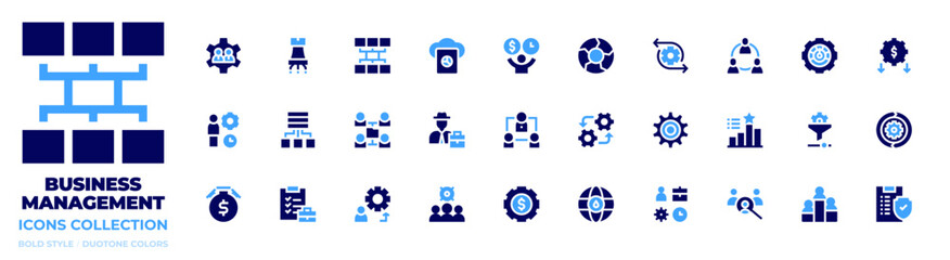 Obraz premium Business management icon collection. Bold style. Duotone colors. decision, hierarchical structure, strategy, cloud, team management, aggregation, stock market, network, s, configuration