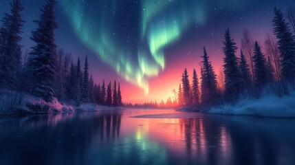Aurora Borealis over Frozen River in Winter Wonderland