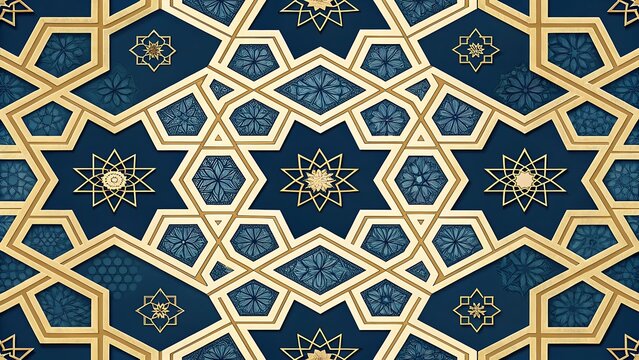 Islamic geometric tile pattern in blue and gold tones with intricate interlocking shapes, a traditional mosaic design