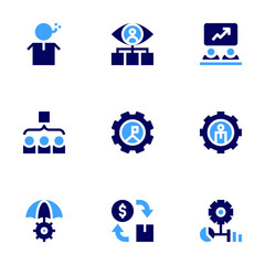 Business management icon set. Bold style. Duotone colors. team, consultant, goal, crisis management, cash flow, risk, employee, settings, management