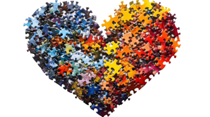Colorful puzzle pieces forming a heart shape on transparent background