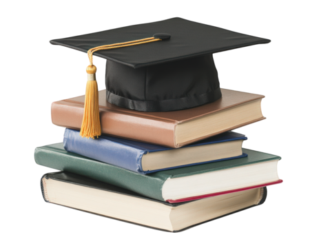 Graduation cap on stack of books, symbolizing education and achievement. This represents culmination of academic efforts and journey of learning