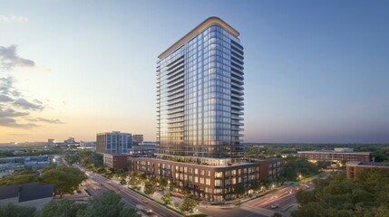 Fototapeta premium Modern Glass Highrise Building at Sunset Cityscape