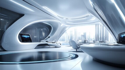 Futuristic White Interior Design with City View