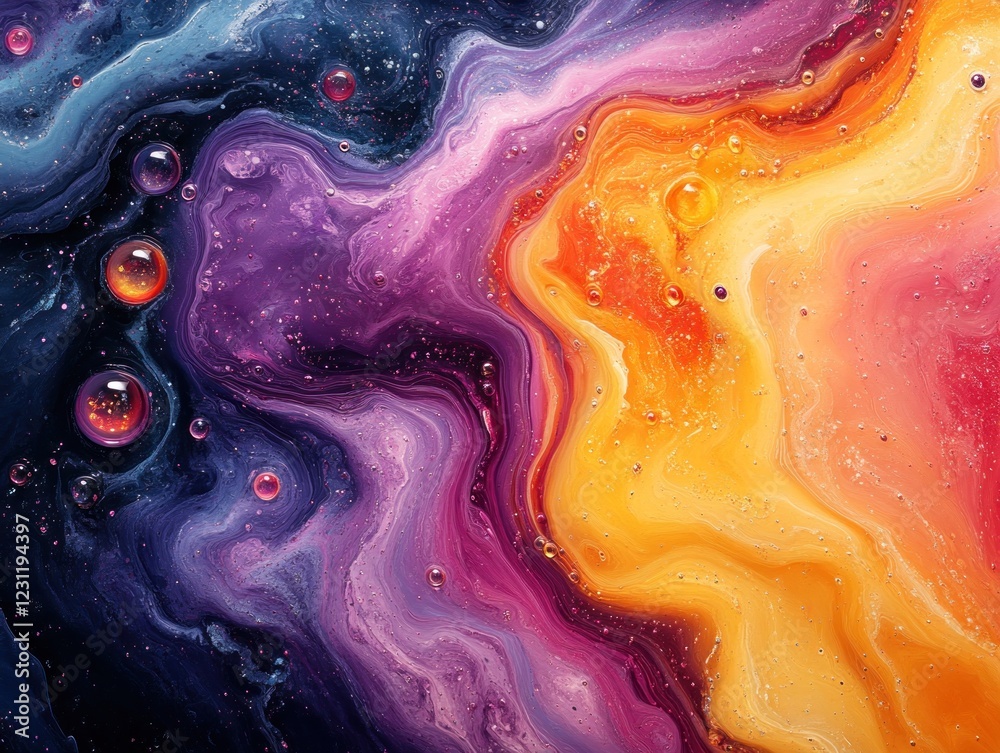 Wall mural abstract fluid art with vibrant colors and bubble-like spheres creating a dynamic and ethereal effec
