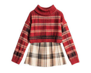 Cozy cropped turtleneck sweater with plaid mini skirt, perfect for stylish fall look. This outfit combines warmth and trendiness for chic appearance