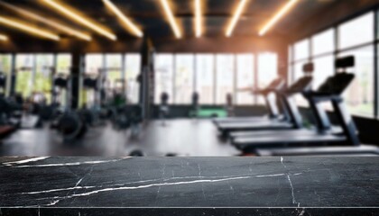 Obraz premium Empty black marble stone table top on blurred with bokeh Exercise room, fitness and gym. interior of the gym