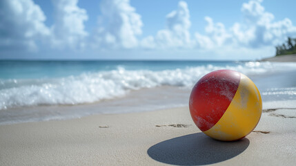 Obraz premium Soft Cotton Clouds Floating Over Turquoise Sea with Beach Ball