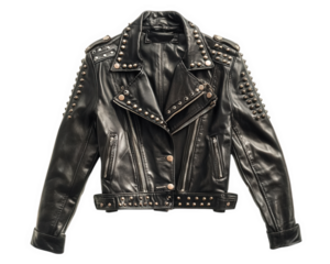 cropped leather jacket with studs, showcasing 80s punk rock style, perfect for adding edgy touch to any outfit. This timeless piece embodies rebellion and individuality