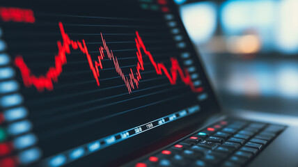 Market Volatility: A close-up shot of a laptop screen displaying a fluctuating red line chart, symbolizing the unpredictable nature of financial markets and the constant ebb and flow of investments.