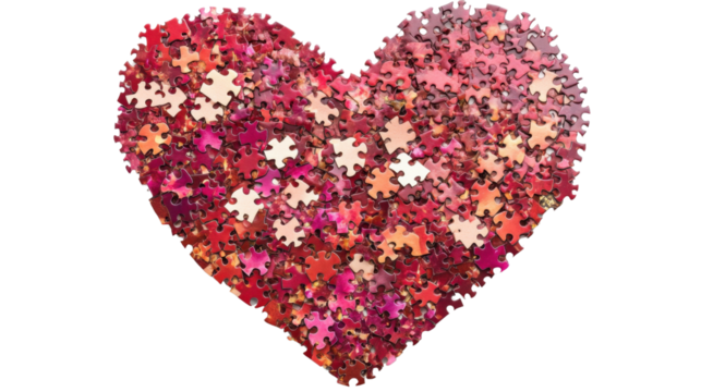 Heart shape puzzle pieces forming valentine's day love symbol on transparent background