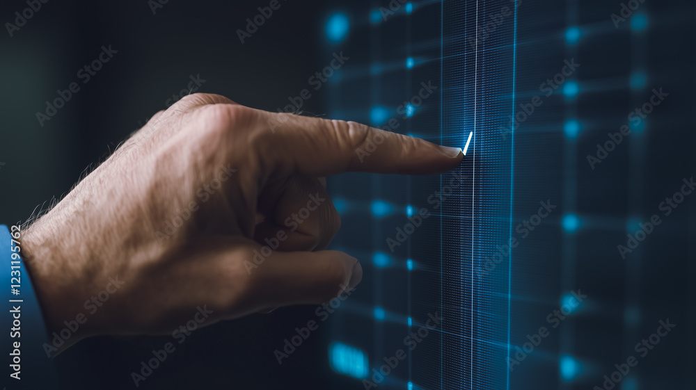 Sticker interactive data visualization: a close-up shot of a hand interacting with a futuristic, glowing dig