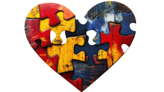 Colorful heart shaped puzzle with transparent background representing love and connection