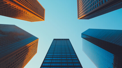 Urban Skyline Perspective: A low angle view captures the towering skyscrapers of a modern city, reaching towards the vast expanse of the azure sky. The buildings stand as symbols of ambition.