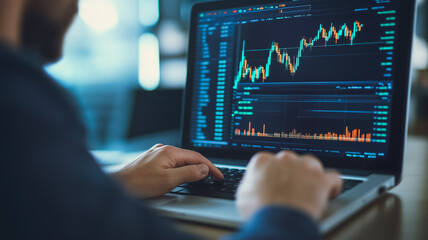 Market Trend Analysis: A businessman intently studies a laptop screen displaying a dynamic financial chart, representing the ever-changing landscape of the market. The image evokes a sense of focus.