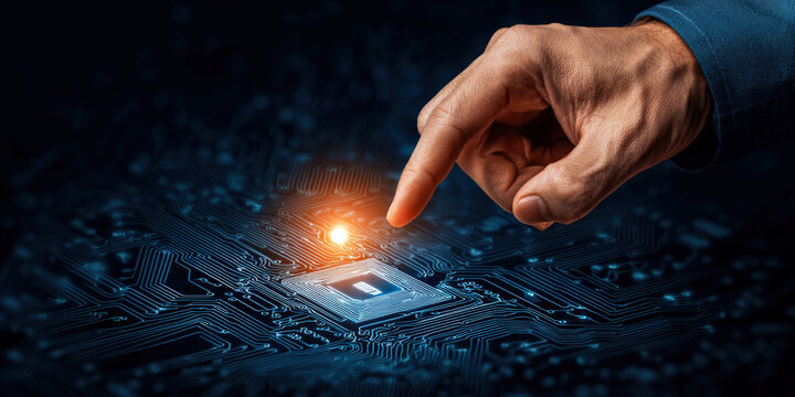 A hand touches a glowing microchip on a circuit board, symbolizing technological innovation and the connection between humans and technology.