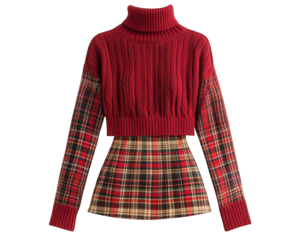 cropped turtleneck sweater with plaid mini skirt, featuring vibrant red color and stylish 90s design. Perfect for trendy, casual look