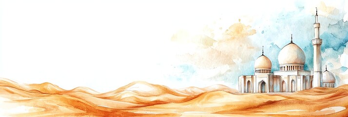Elegant watercolor mosque painting with minimalist design, soft pastel hues, and golden desert dunes. Perfect for Ramadan, Eid, or any Islamic-themed project. Ample white space for text.