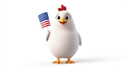 Obraz premium Fluffy White Cartoon Chicken Holding Flag on White Background