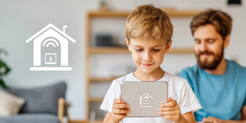A boy holds a tablet displaying a smart home symbol while a man sits nearby, illustrating technology and family interaction in a modern home setting.