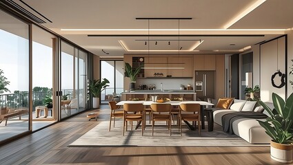 spacious modern apartment layout showcasing contemporary design, open living spaces, and elegant details for a refreshing urban lifestyle