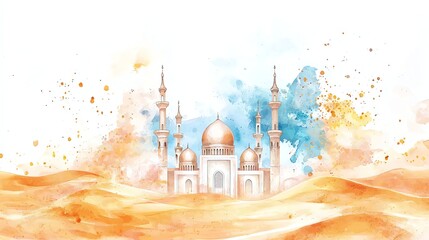 Elegant watercolor mosque painting with minimalist design, soft pastel hues, and golden desert dunes. Perfect for Ramadan, Eid, or any Islamic-themed project. Ample white space for text.