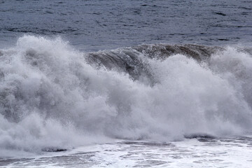Powerful ocean wave crashing against the shore