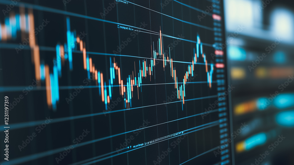 Poster financial data visualization: a close-up of a computer screen displaying a complex financial chart w
