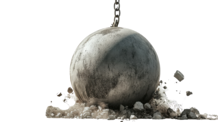 Wrecking ball hitting ground with transparent background
