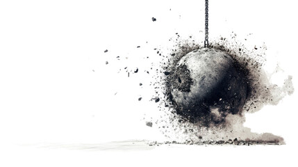 Wrecking ball hitting ground creating dust cloud with transparent background