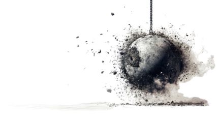 Wrecking ball hitting ground creating dust cloud with transparent background