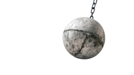 Old, weathered wrecking ball hanging on chain with transparent background