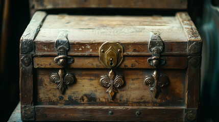 vintage wooden chest with brass Fleur-de-Lis decorative designs accents and lock

