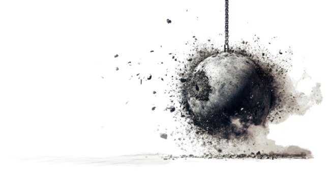Wrecking ball hitting ground creating dust cloud with transparent background - Powered by Adobe