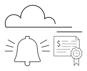 Cloud symbol connected to alarm bell, financial document with ribbon seal and clock icon. Ideal for cloud services, data security, finance, alerts, notifications, online certifications, digital