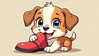 Cartoon Puppy with Red Heart Slipper