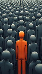 A faceless crowd of identical figures with one colorful person standing out symbolizes individuality and uniqueness. – A striking representation of personal identity and breaking free from conformity