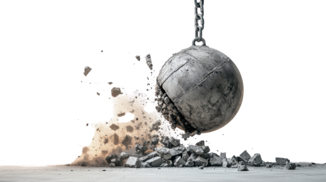 Wrecking ball crushing concrete ground with transparent background