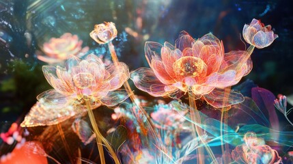 A digital garden blooming with virtual flowers and interactive elements, Nature scene, Digital art style
