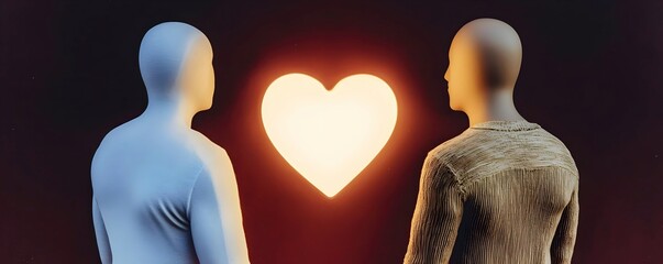 Fototapeta premium Abstract Concept of Love with Two Figures Facing Heart Shape Glow