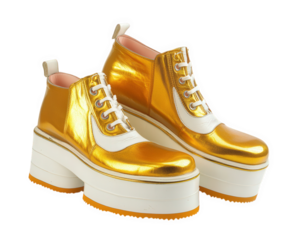 pair of platform shoes featuring bold 70s design in vibrant gold with white accents, perfect for making statement. These stylish shoes combine retro flair with modern comfort