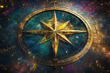 Obraz premium A gold and blue compass with a star on it