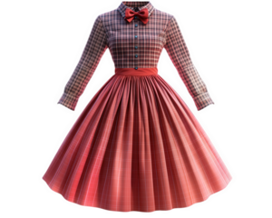 Retro 50s poodle skirt dress with plaid pattern and bow tie, perfect for vintage fashion lovers. This stylish outfit captures essence of classic Americana